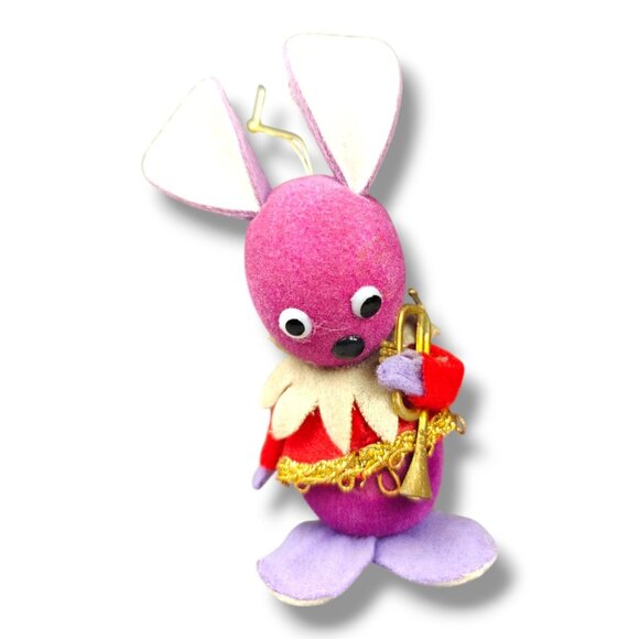 Vintage Napco Japan Purple Mouse Trumpet 4" Felt Retro Easter Christmas Ornament - Picture 1 of 7